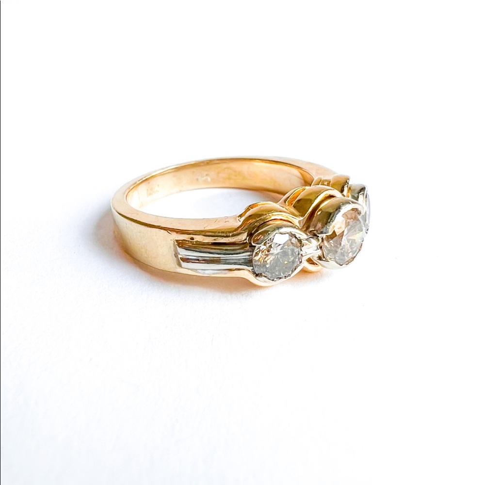 14K Yellow Gold Three Champagne Diamond Vintage Band Ring - Picture 6 of 12